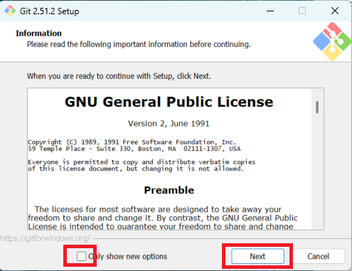 Git Setupの設定オプション選択画面。デフォルトエディタやPATH設定の選択肢が表示されている