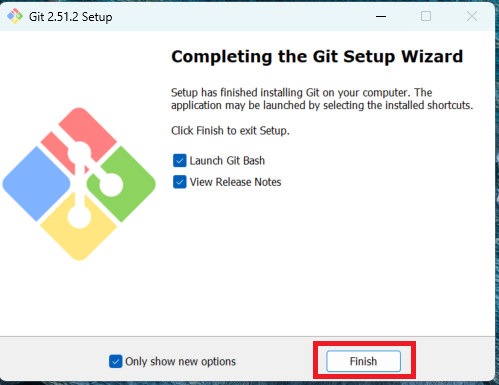 Gitインストール完了画面。FinishボタンとLaunch Git Bashのチェックボックスが表示されている