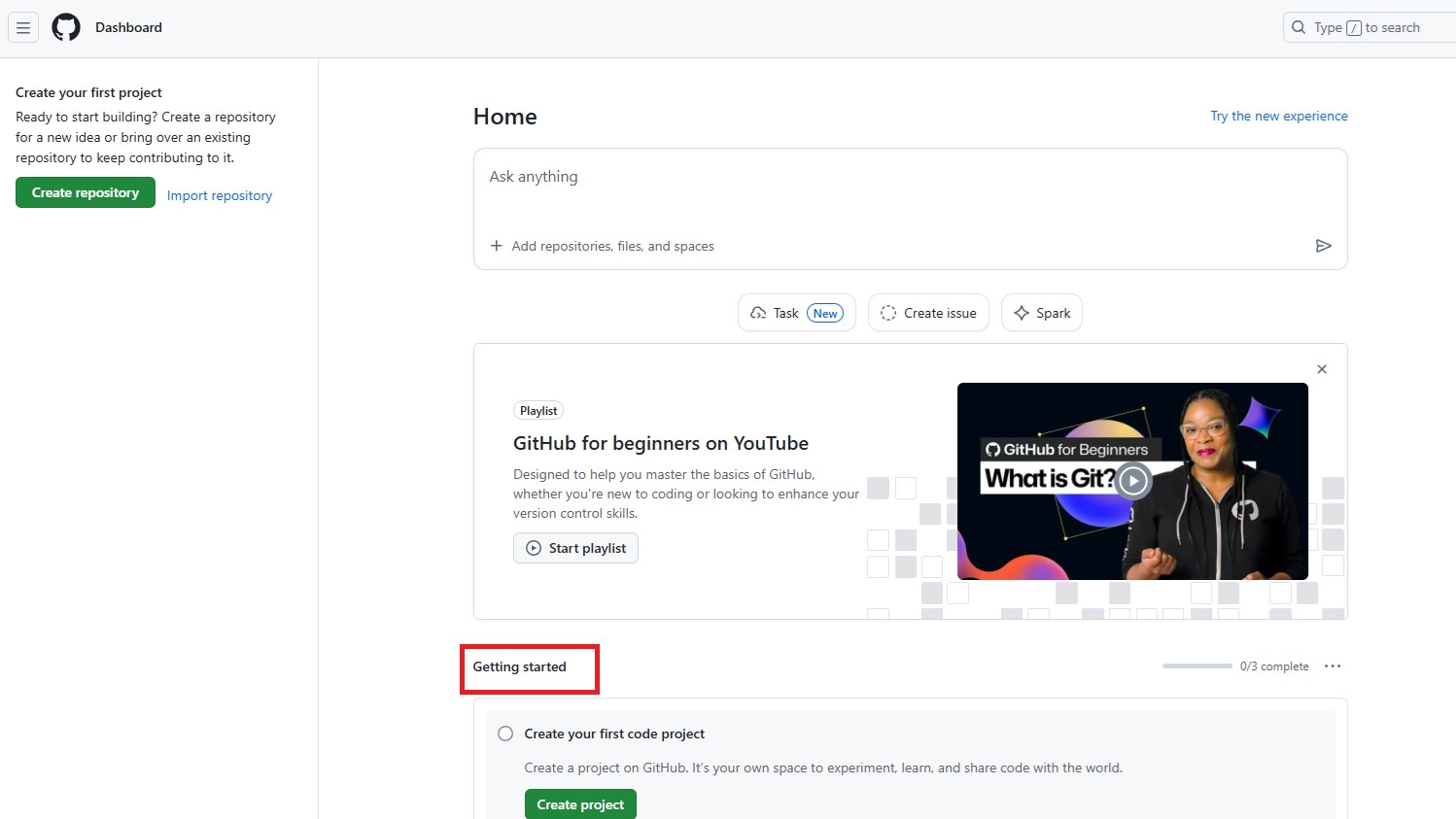 GitHubのGetting started画面。オプションのセットアップウィザードが表示されている