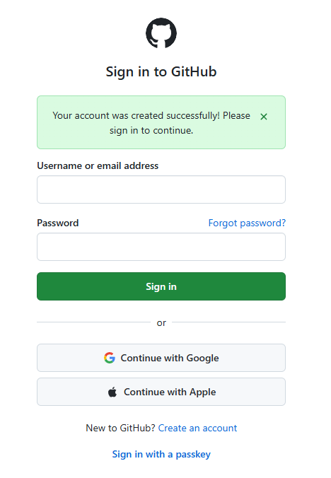 GitHubのサインインページ。ユーザー名とパスワードの入力欄が表示されている